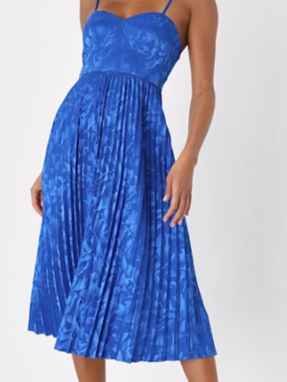 Chic Sensibility Cobalt Blue Satin Jacquard Pleated Midi Dress